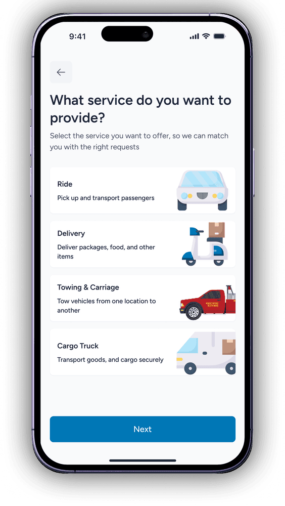 Operator sign-up asking which service you want to provide: Ride, Delivery, Towing & Carriage or Cargo Truck.