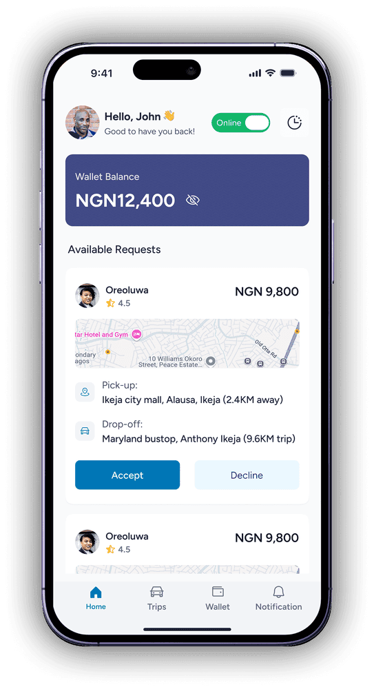 The operator home screen: an Online switch, the wallet and available requests with their fares, pickup and drop-off, and Accept and Decline buttons.