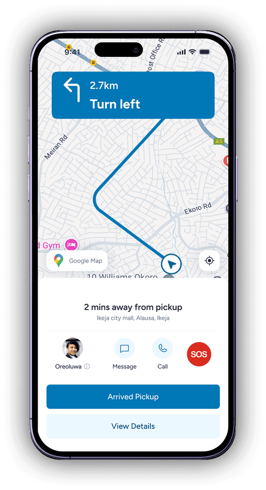 Turn-by-turn navigation to the pickup, with Arrived Pickup and View Details buttons.